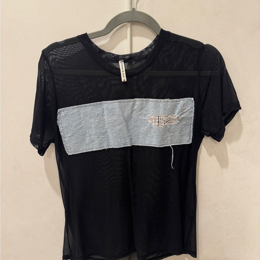 Emma & Sam Black Mesh Top with Denim Accent